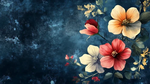 Floral composition blooms against textured teal backdrop.