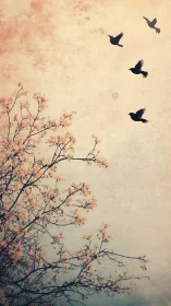 Soft sunrise sky with four birds and gentle flowering tree.