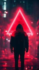 Hooded figure before neon red triangle in rainy alleyway.