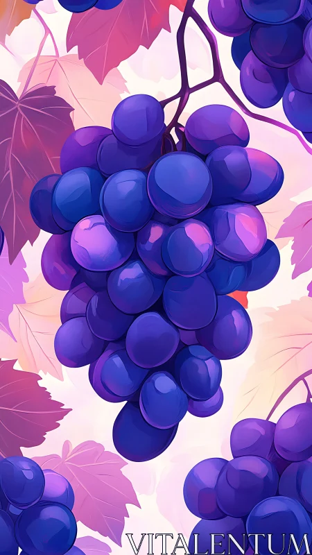 Lush violet grape clusters amid soft pastel vineyard leaves.