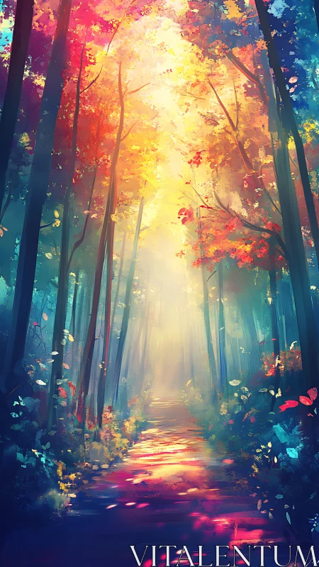 Forest Path Dawn: Golden Light Through Autumn Canopy.