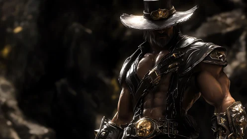 Armored gunslinger in dramatic low-key lighting stands poised