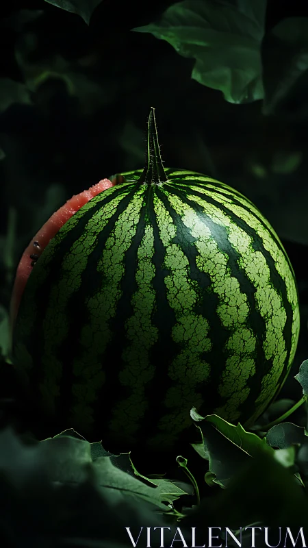 Moody close-up of striped watermelon rind under low-key lighting