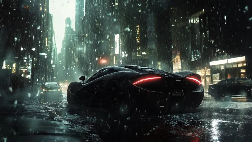 Rear view of sports car on wet city street under rainfall.
