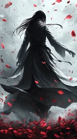 Hooded figure in dark robes amid swirling red petals.