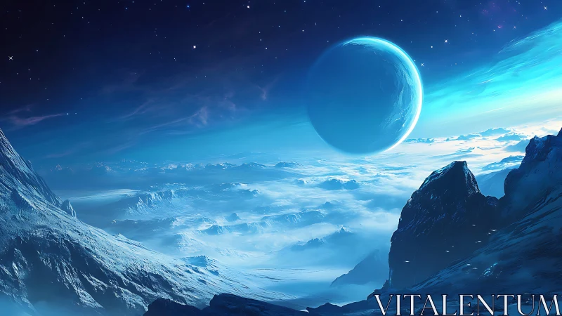 Frozen exoplanet plains whisper beneath a looming sapphire moon