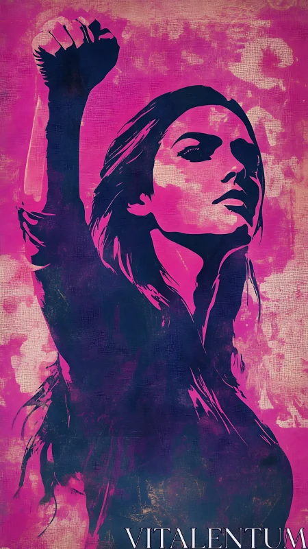 Defiant woman raises her fist in bold magenta protest art