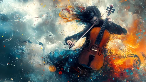 Violinist plays amid swirling abstract clouds of color