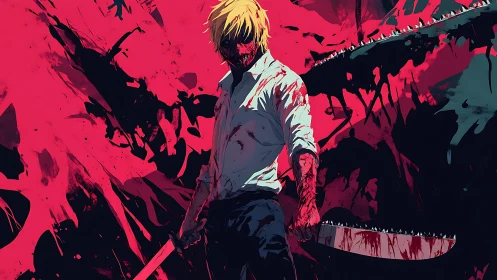 Blood-soaked warrior stands amid violent crimson chaos.