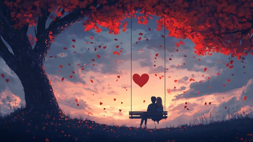 Two figures on swing beneath tree with falling leaves at sunset.