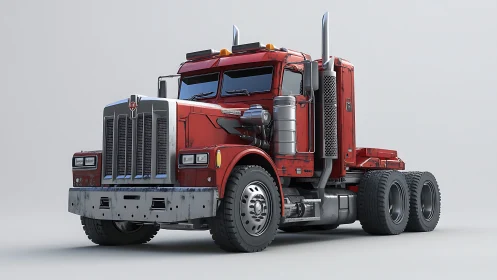 Red heavy-duty semi truck rendered with realistic surface wear
