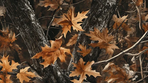 Rustling Amber Leaves Tangled In Weathered Woodland Bark.
