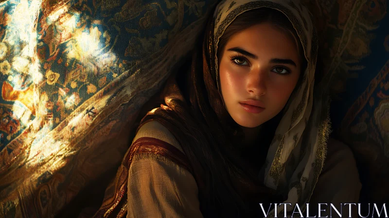 Young woman in headscarf beside patterned tapestry.