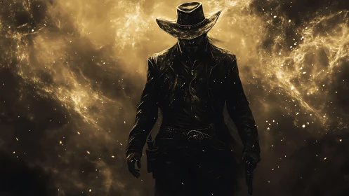 Cosmic cowboy drifting through embers of a starry dusk.