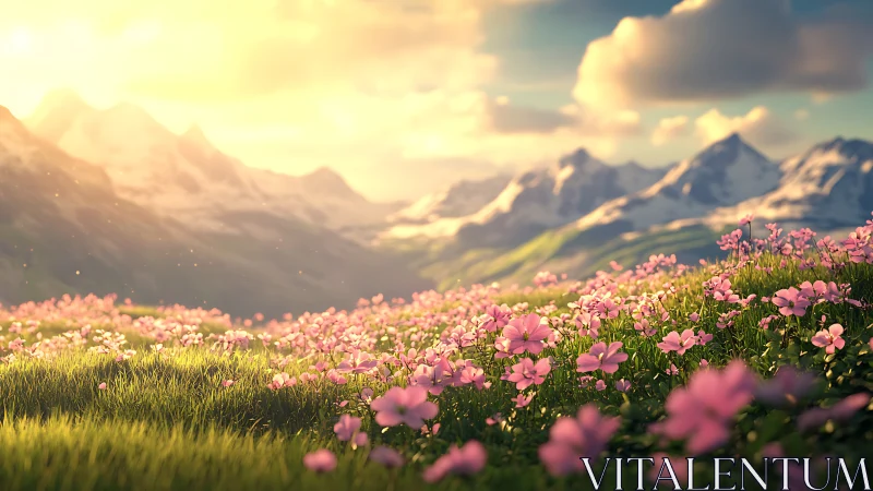 Sunlit alpine meadow with glowing pink wildflower fields.