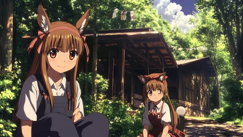 Fox-eared sisters bask in dappled forest sunlight by cabin.