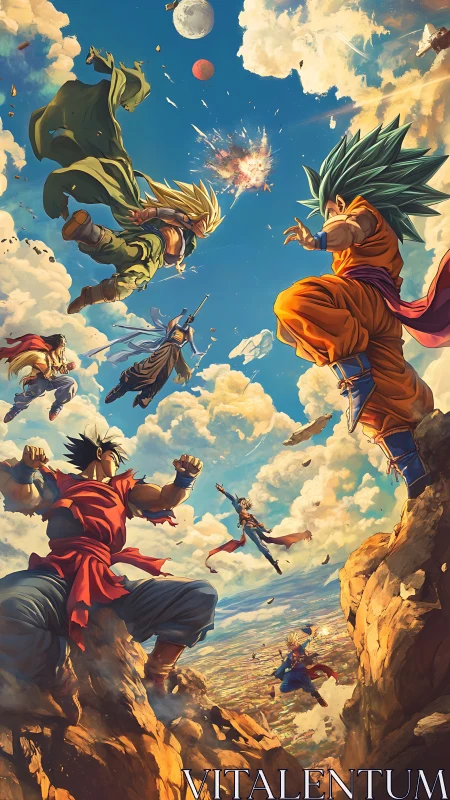 Dragon Ball style fighters clash in midair over rocky canyon