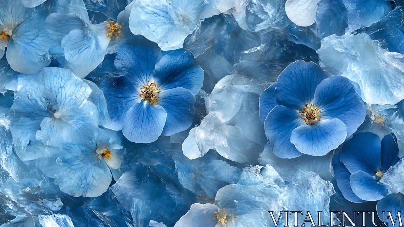 Blue pansy flowers arranged in dense floral cluster with golden centers