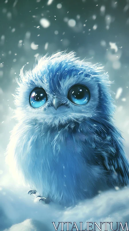 Frost-lit blue owlet rendered with hyper-real digital softness