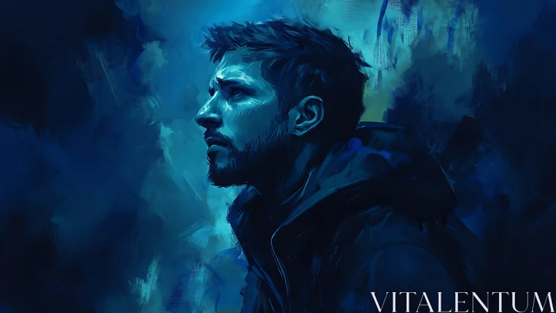 Side profile study of male figure in blue digital portrait.