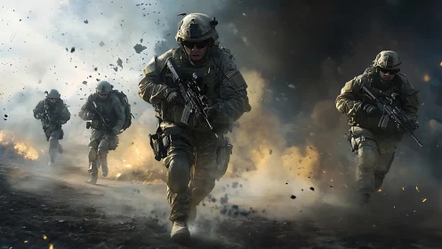 Dynamic soldiers charge forward through smoke and fire
