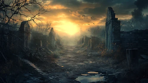 Ruined stone corridor receding into fog under backlit sunset sky