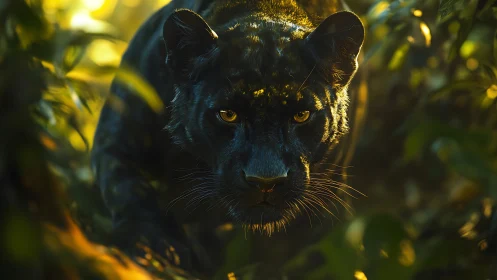 Black Panther Portrait with Golden Hour Illumination in Jungle Setting.