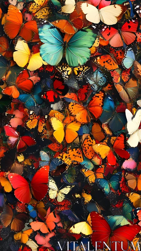 Butterflies swarm in dense multicolored kaleidoscope field.