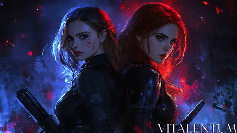 Twin gunfighters blaze through neon stormlight and shadow.