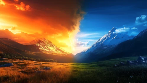 Bipolar alpine valley under split sunset and cool twilight