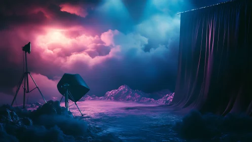 Studio lights stand before draped curtain in clouded scene
