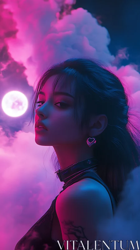 Moonlit neon dreamer drifting through violet clouds.