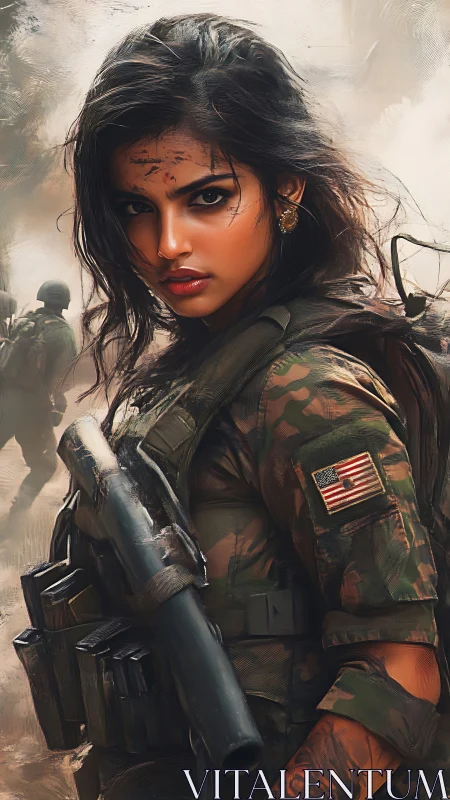 Fearless young soldier stands strong in the smoky chaos.