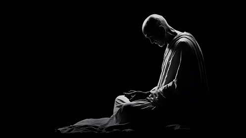 Monochrome meditative monk in dramatic side lighting portrait.