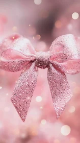 Pink glitter bow sparkles against dreamy bokeh backdrop.