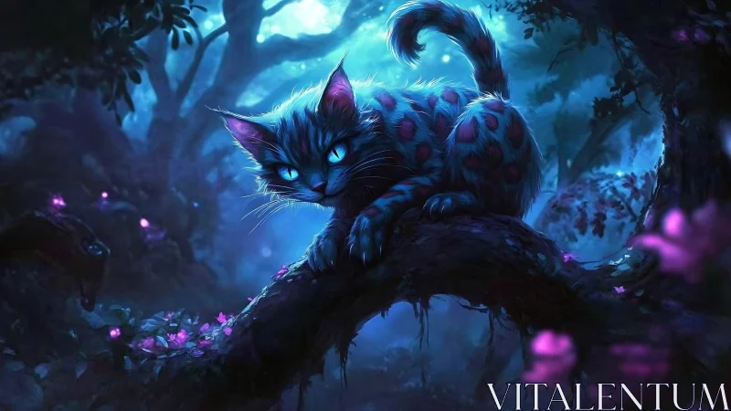 Neon-Luminescent Feline With Chromatic Aberration In Mystical Forest