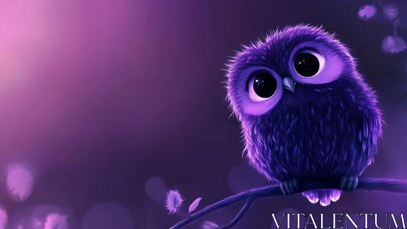 Cute Purple Cartoon Owl on Branch with Dreamy Bokeh Background.