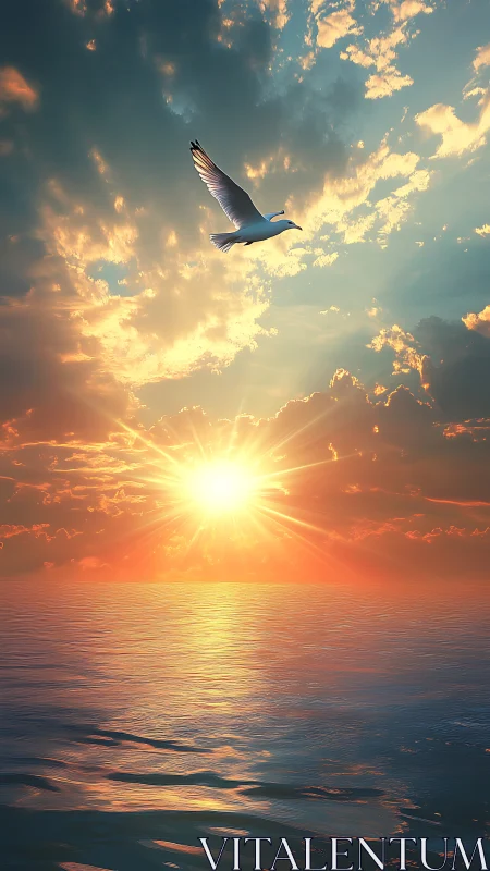 Seagull gliding above calm ocean at vivid sunset sky.