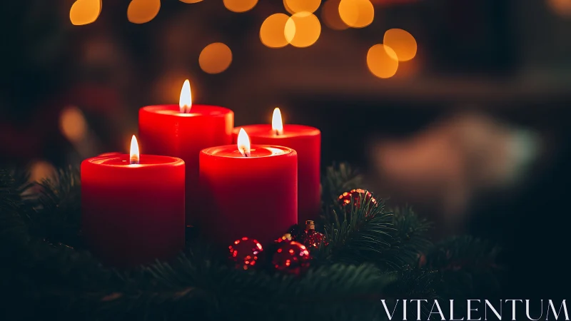 Red candles glow warmly amid evergreen wreath bokeh lights