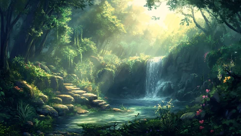 Mystical Forest Waterfall with Sunlit Canopy.