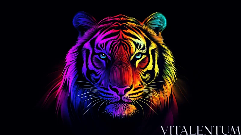 Neon spectral tiger portrait with multicolor gradient fur on black