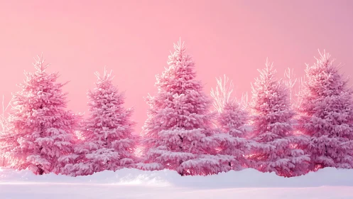 Pink frosted fir trees stand aligned under pastel winter sky