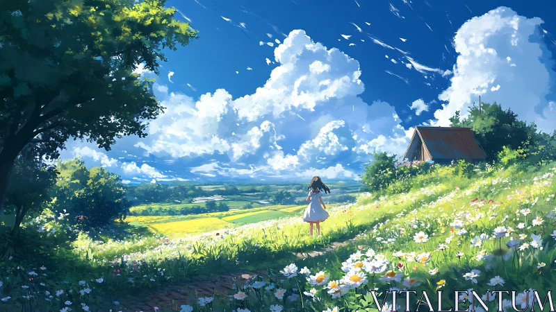 Anime landscape portrays girl in sunlit meadow under vast clouds