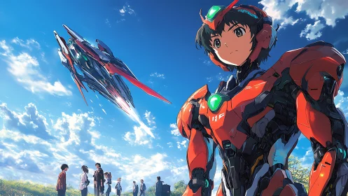 Mecha pilot in red exosuit beneath soaring fighter craft.