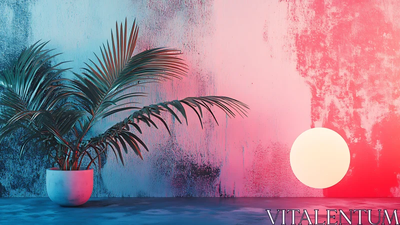 Bicolor gradient-lit palm study with geometric luminous sphere.