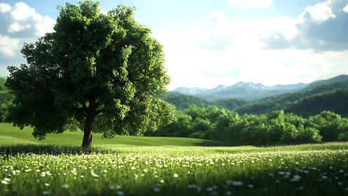 Solitary meadow tree basking in luminous mountain morning.