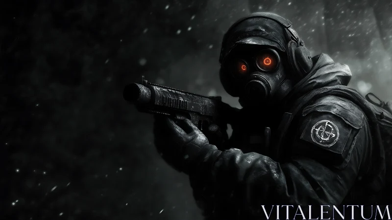 Tactical operator with gas mask in stormlit combat stance.