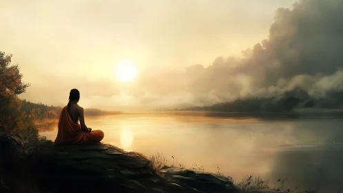 Monk sits on rocky shore watching misty lake sunrise