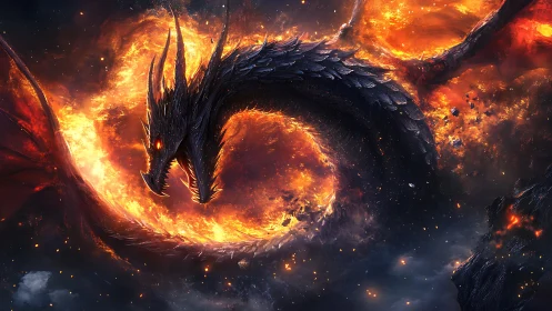 Black scaled dragon encircled by fire in dark sky scene.