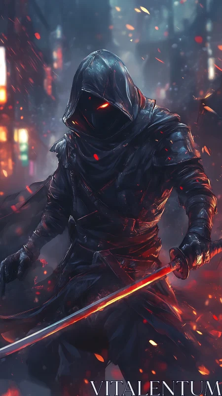 Hooded cybernetic swordsman with glowing blade in ember-lit alley
